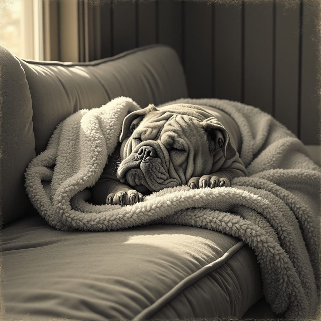 Serene Bulldog Slumbers on a Velvety Couch