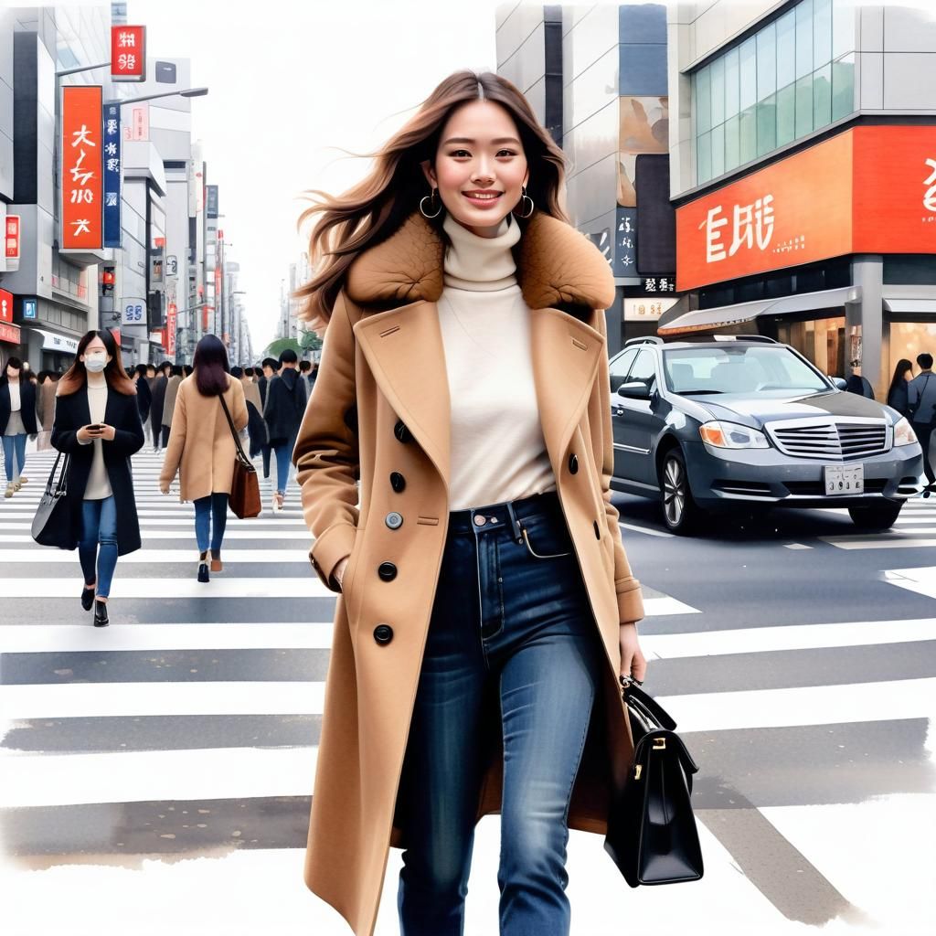 Fashionable Woman in Tokyo: Watercolor Illustration