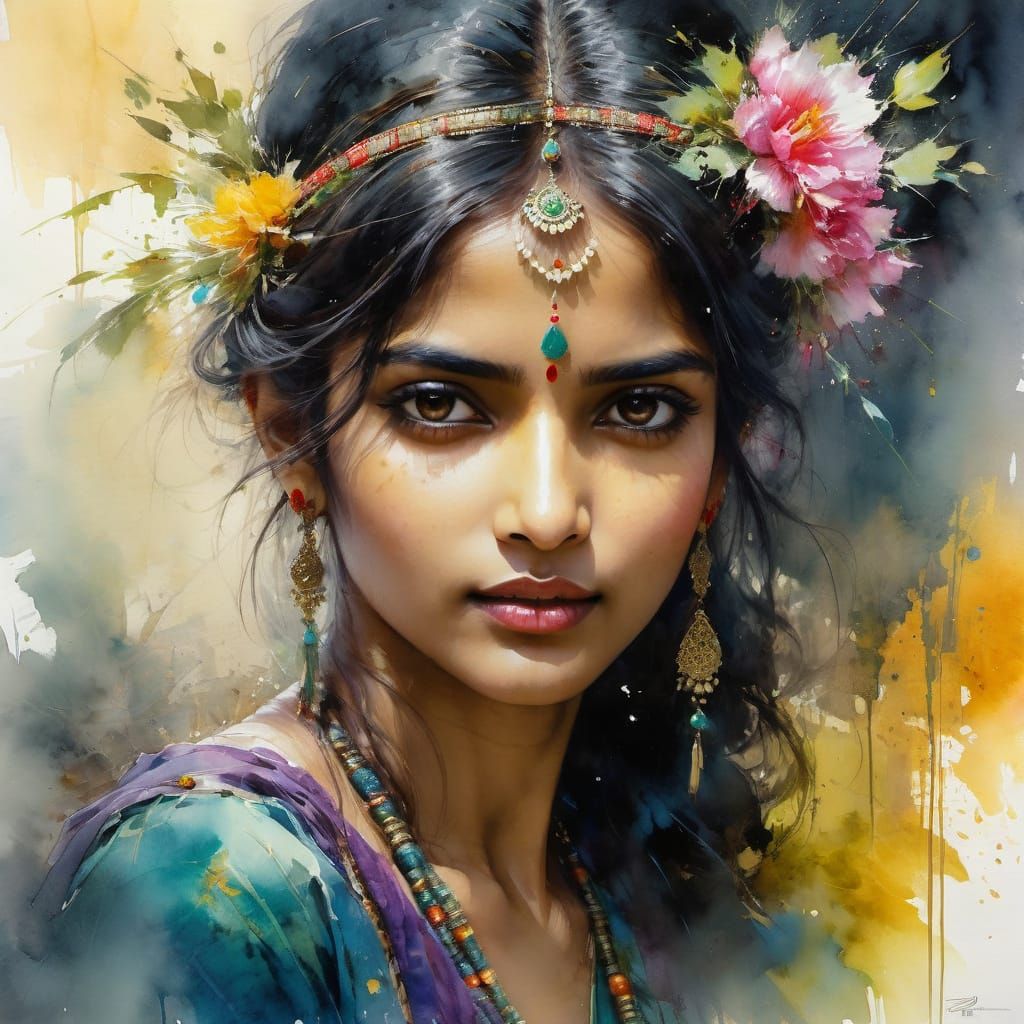 Rustic Watercolor Portrait of an Indian Woman in a Fairytale...