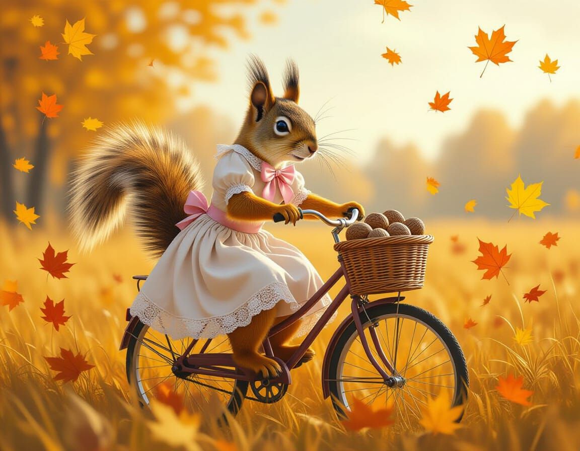 Squirrel Rides Bicycle Through Autumn Field in Splash Art