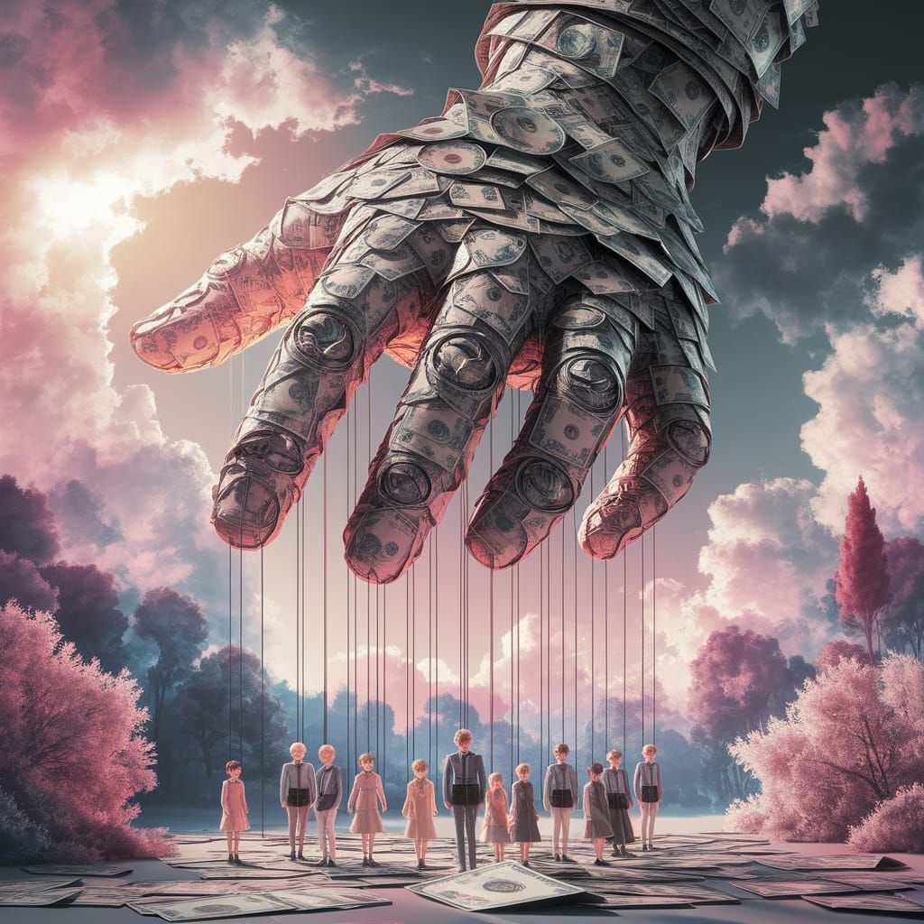 Giant Hand of Money Controls Anime Figures in Surreal Waterc...