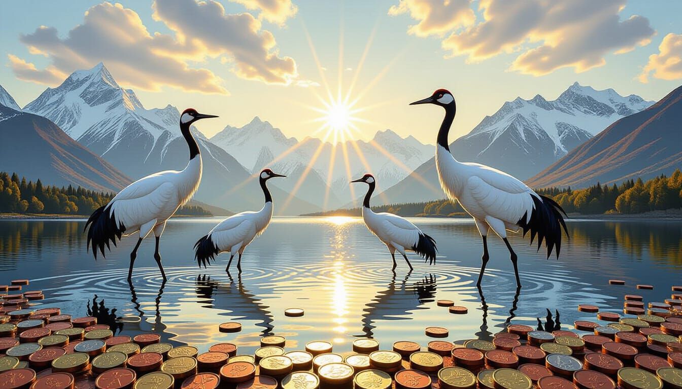 Coin Art: Cranes in Lake with Karakoram Mountains