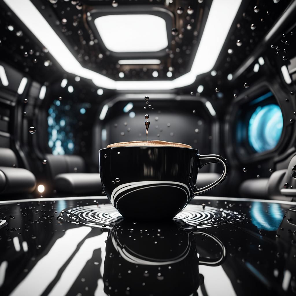 Floating Coffee Cup Inside Spaceship, Detailed Digital Art