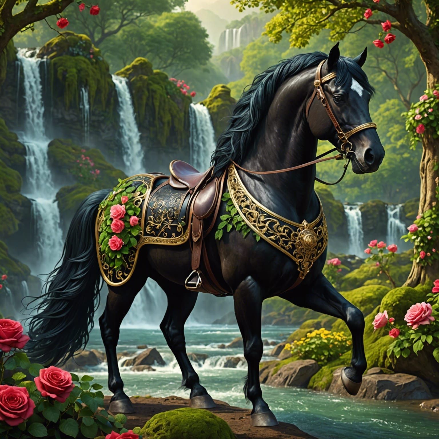 Ornately Bridled Black Stallion in Lush Woods