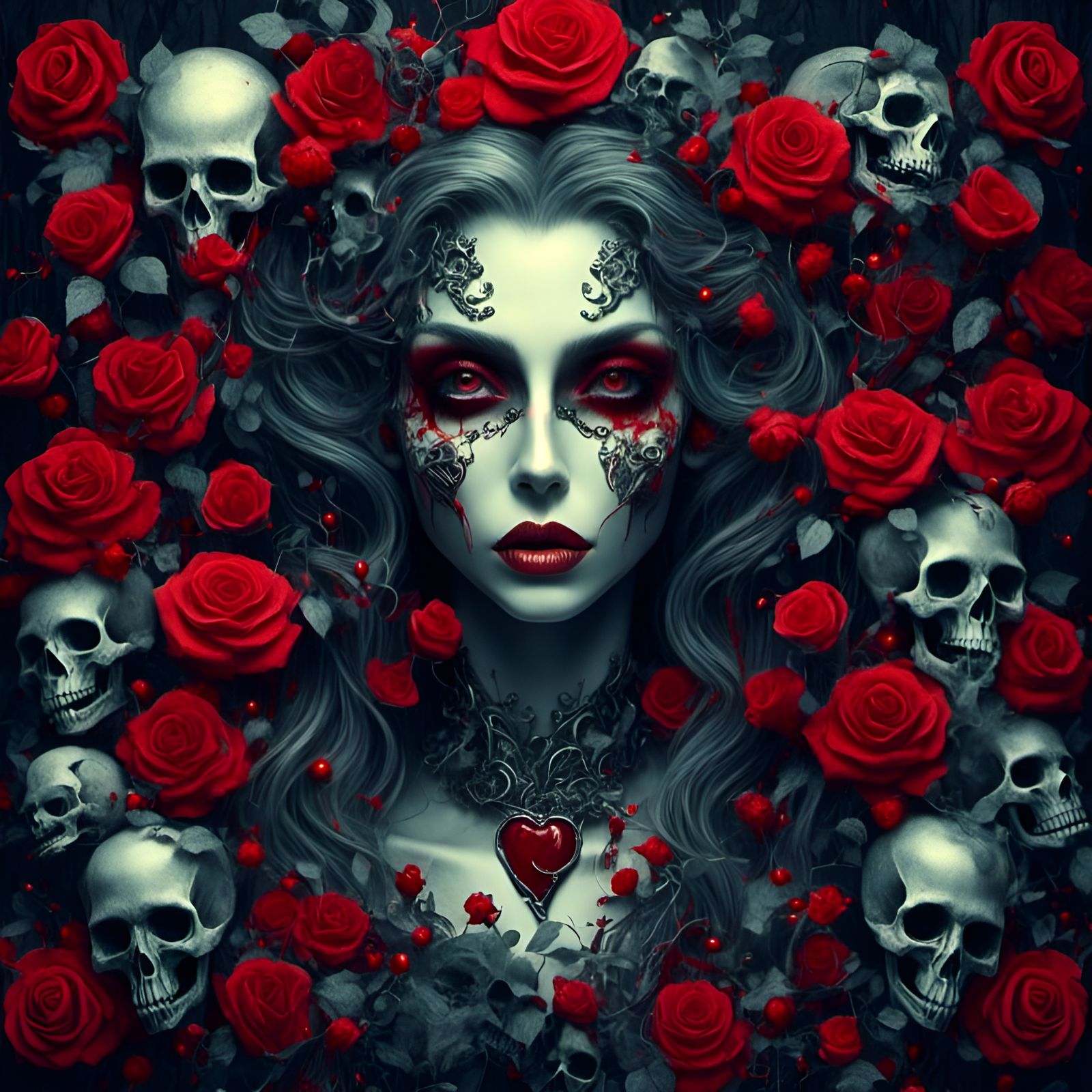 Heart, valentine, romance, love, roses, ivy, skulls, woman <...