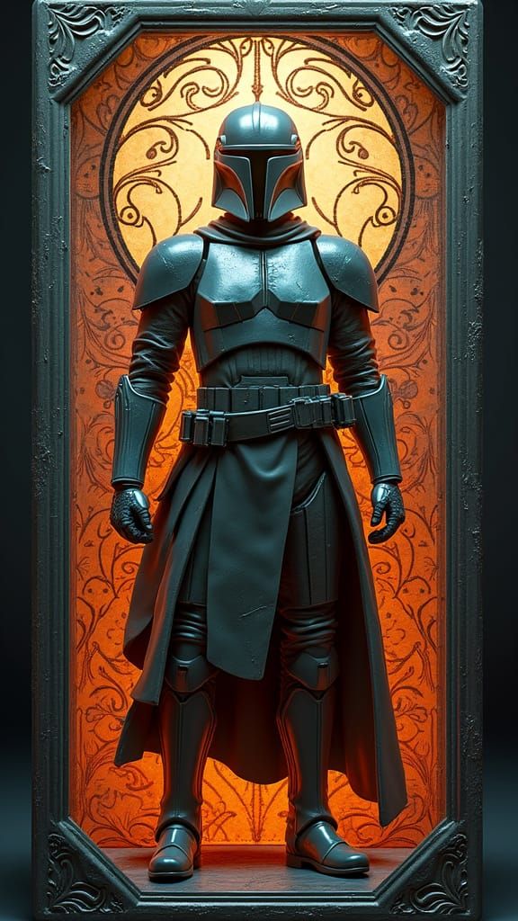 Mandalorian Action Figure on Toy Box Cover in Art Nouveau St...