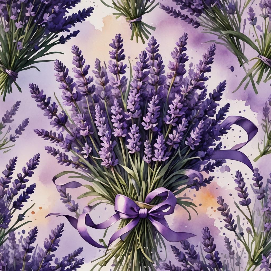Watercolour Bouquet of Lavender with Purple Ribbon