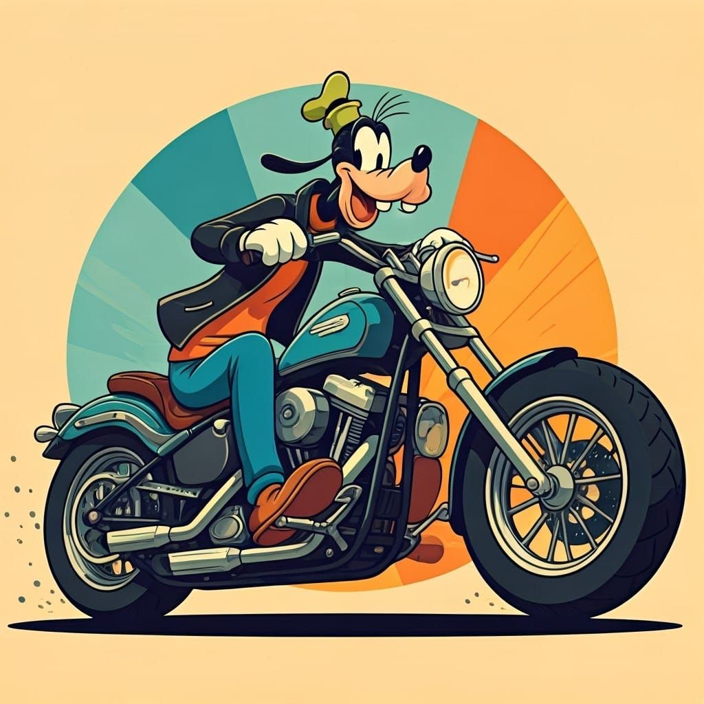 Goofy Riding a Harley Davidson Chopper Motorcycle in Colorfu...