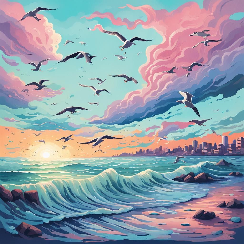 Serene Sea Cel-Shaded Illustration with Pastel Sky