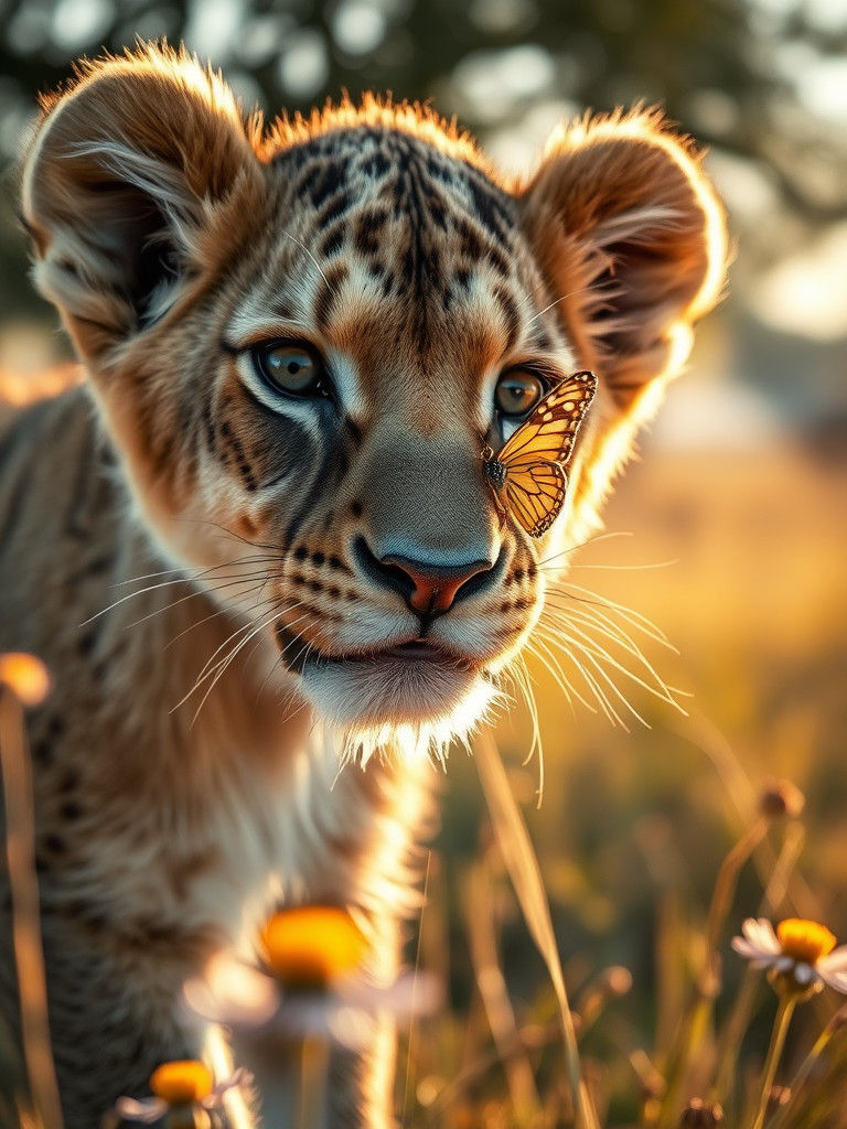 Golden Lion Cub Investigates Tiny Butterfly in Macro Close-U...