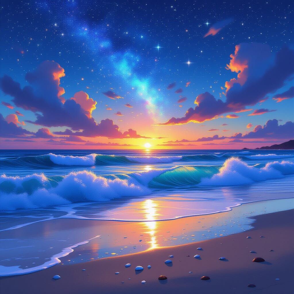 Majestic Beach at Dusk with Rainbow Starry Sky