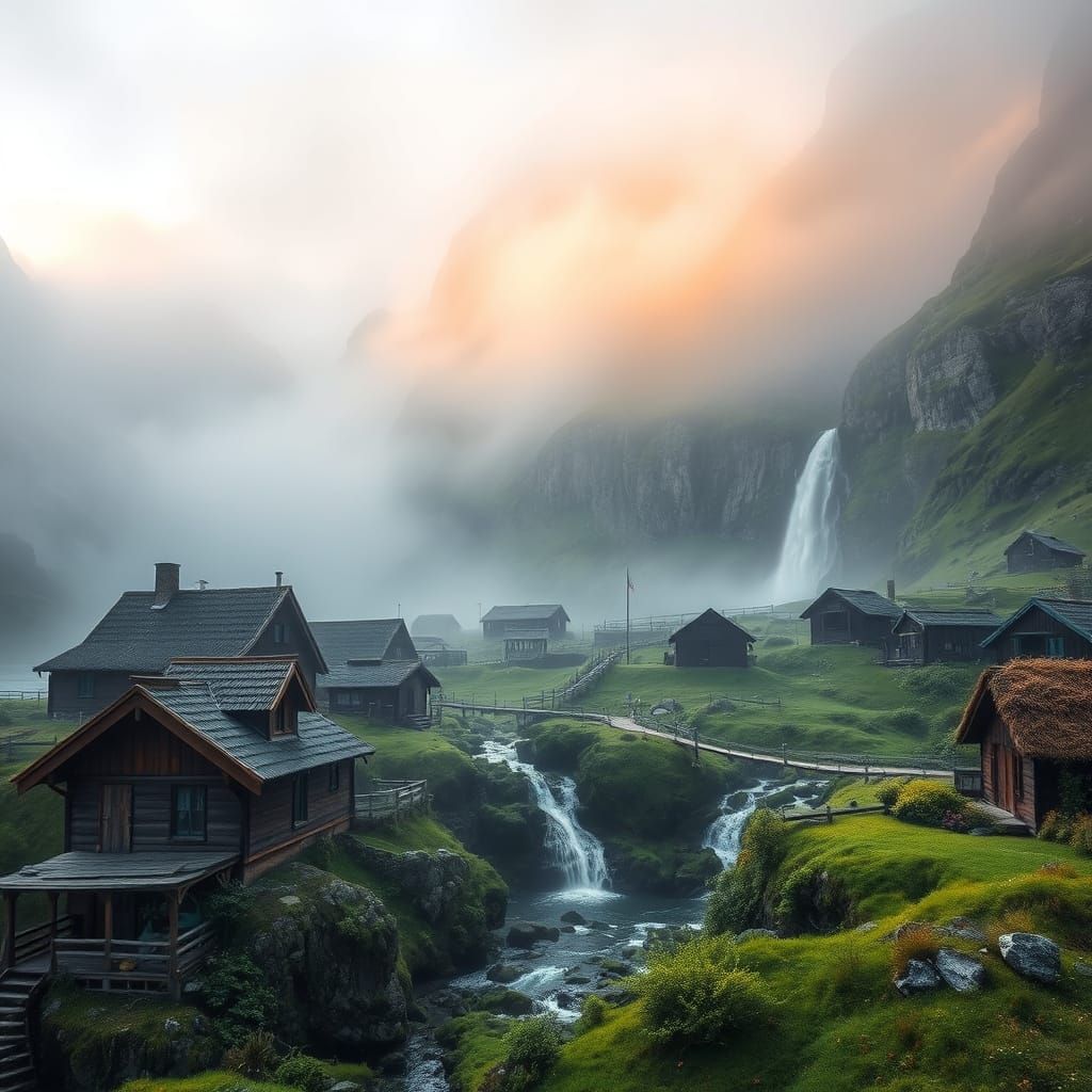 Viking Village Amidst Waterfalls in Golden Dawn Light