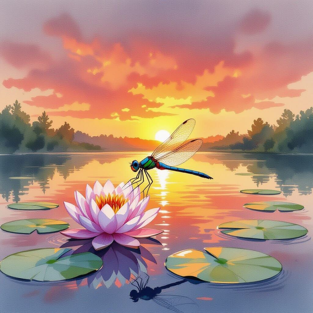 Realistic Watercolor Dragonfly and Lotus at Sunset