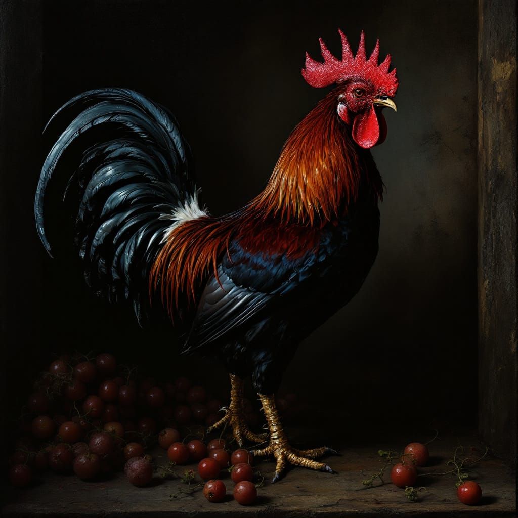 Baroque Rooster Among Dark Grapes in Chiaroscuro