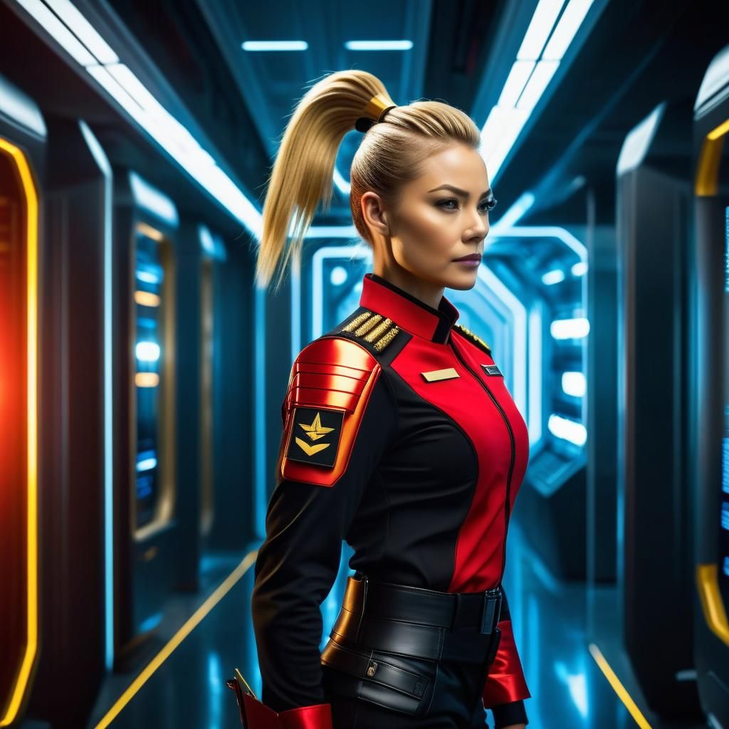 Tough Blonde Starship Security Officer in Sci-Fi Film Still