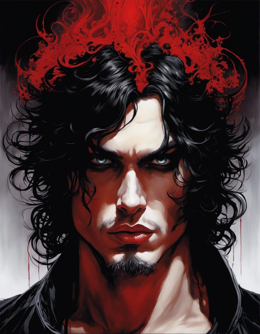 Melancholic Man with Intense Eyes in Crimson Ink Style