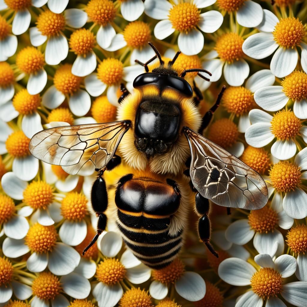Macro Photo of Bee on Flower, Hyperrealistic