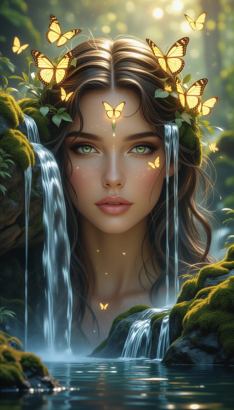 Divine Nature Spirit Portrait with Waterfalls and Butterflie...