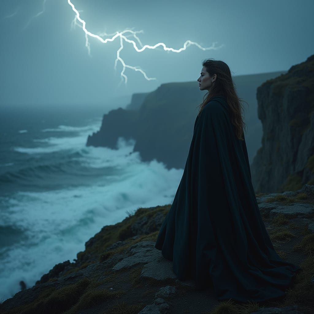 Dramatic Woman on Cliff During Storm