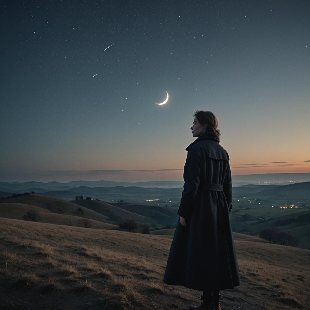 Woman Stargazing on Hill in Atmospheric Film Still