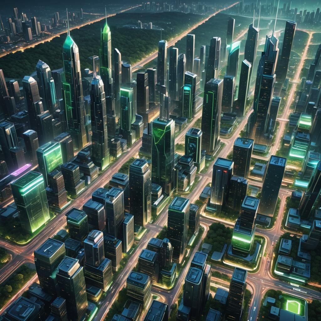 Lush Futuristic Cityscape in Radiant Blue-Green