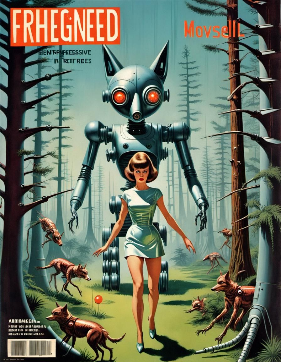 Vintage Sci-Fi Cover: Woman Escaping Robot Wolves