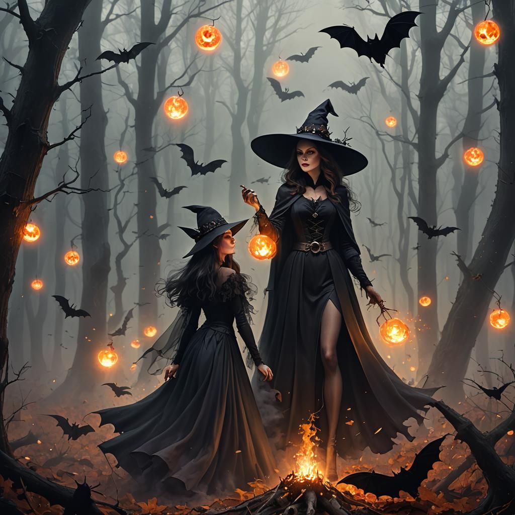 Elegant Witch in Foggy Forest with Fireballs