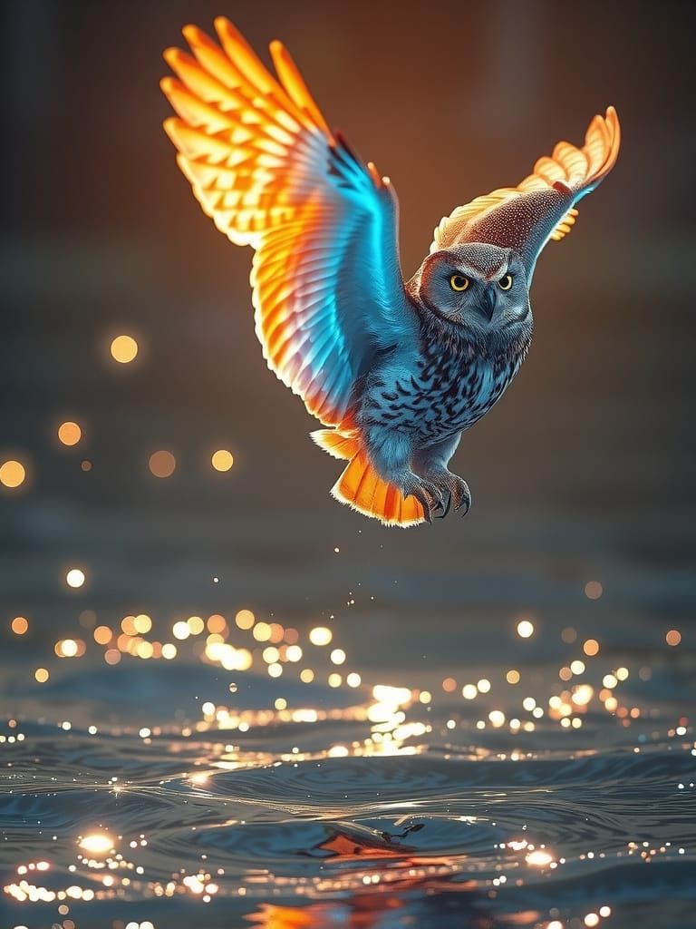 Luminous Owl Soars Over Glittering Water in Photorealistic S...
