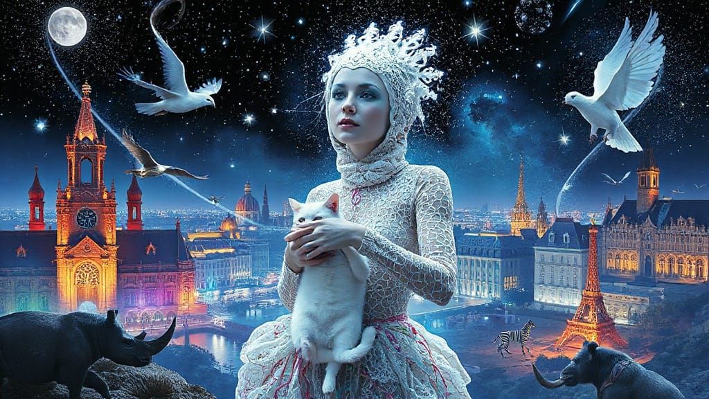 Surreal Bird-Headed Woman in Gaudí Cityscape