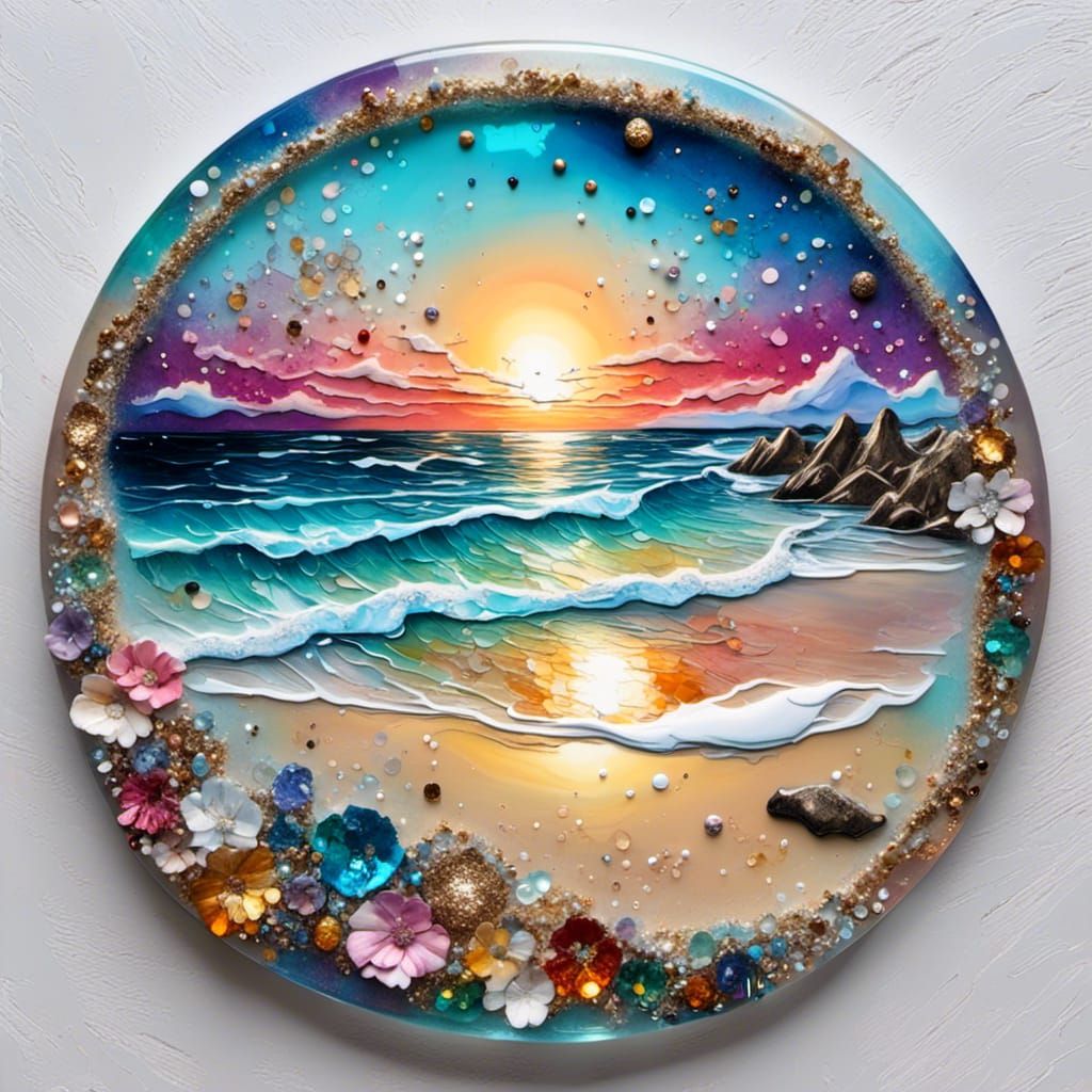 Colorful Sand Painting of Beach Scene