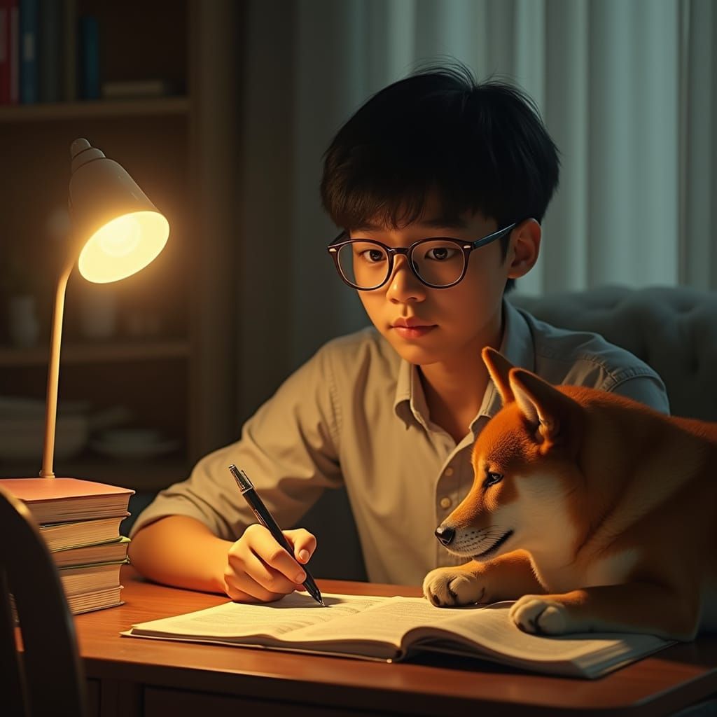 Teenager Studying at Desk with Shiba Inu, Cinematic Style