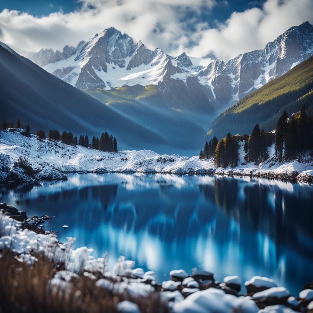 Blue Lake and Snowy Mountains Photography
