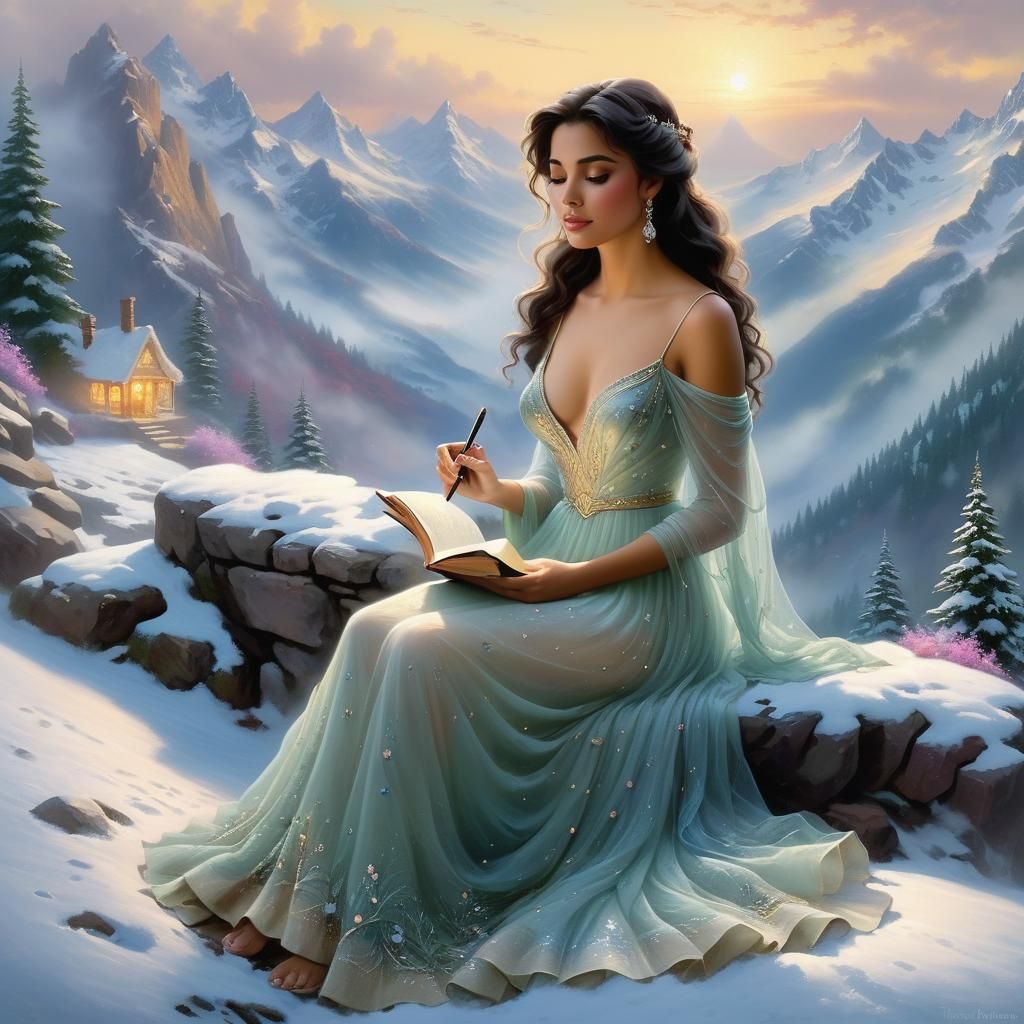 Latina Woman Studying Universe in Snowy Mountains