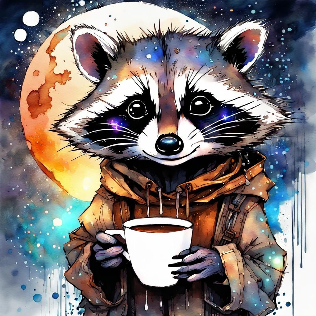 Chibi Raccoon Coffee Break in Watercolor Galaxy