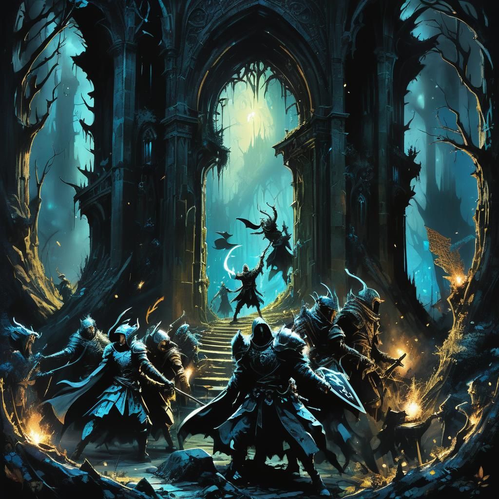 Shadows Clash in Towering Realm: A Dark Fantasy Scene