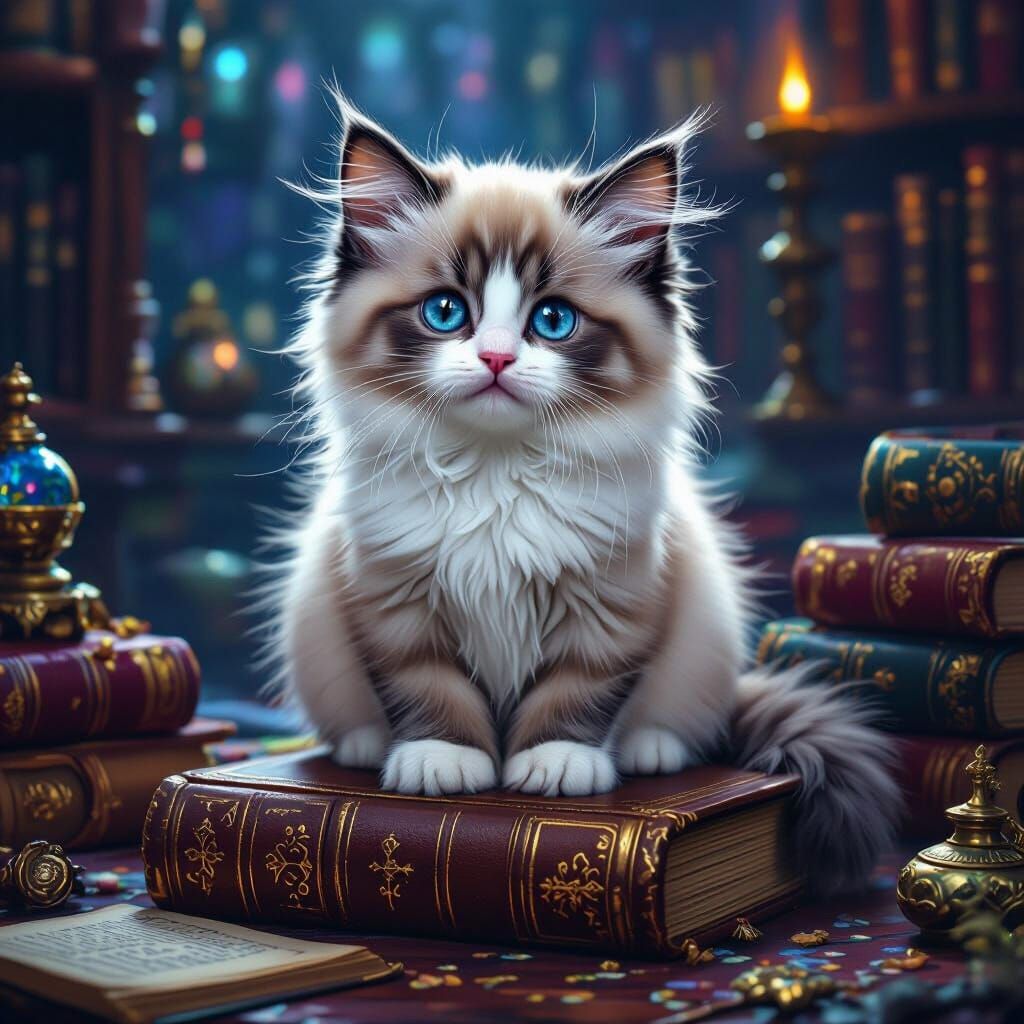 Ragdoll Kitten in Enchanted Library, Digital Art