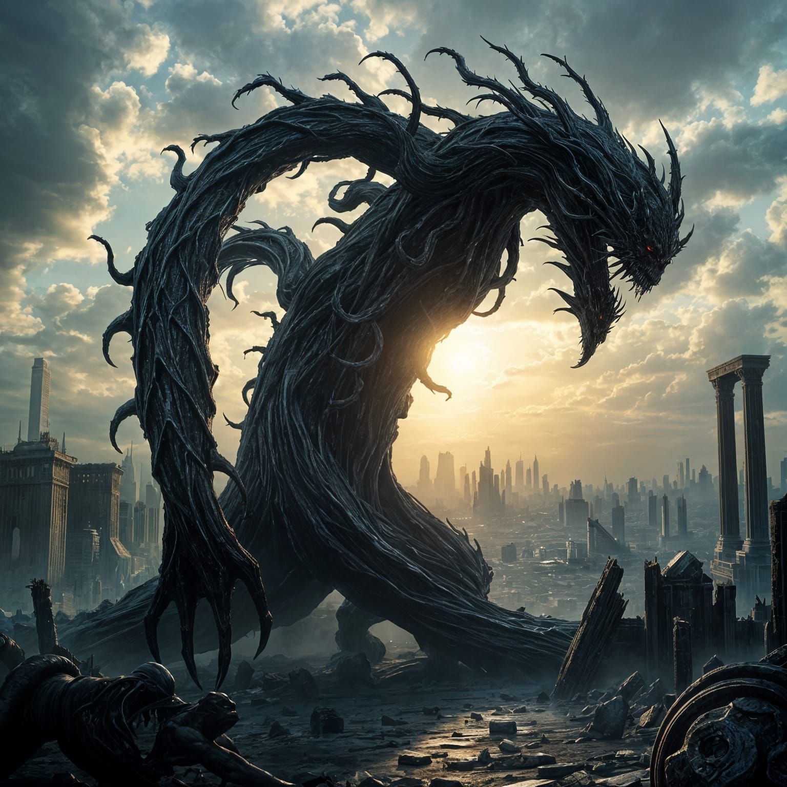 Surreal Dark Fantasy Warrior Rises from the Ruins