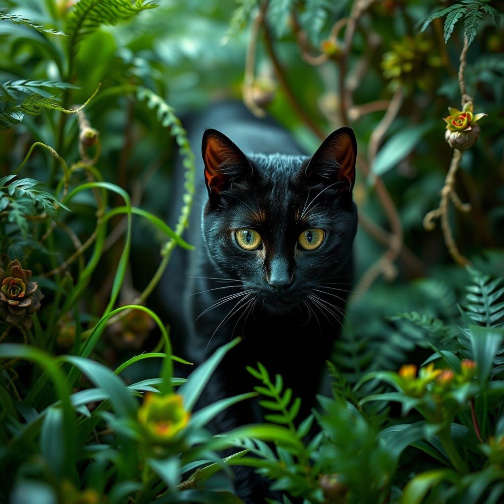 Ethereal Black Cat Explores Lush Houseplant Jungle