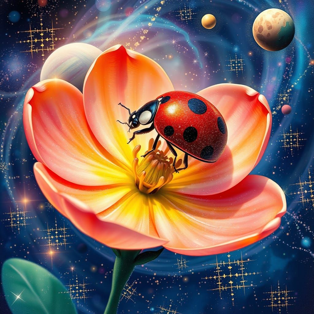 Ladybug on a Celestial Flower in Holographic Dreamscape