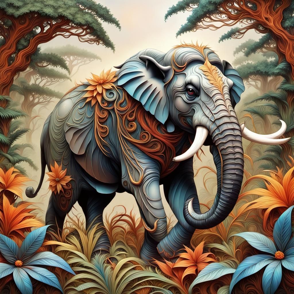 Paper Quilled Elephant in Jungle, Hokusai Style