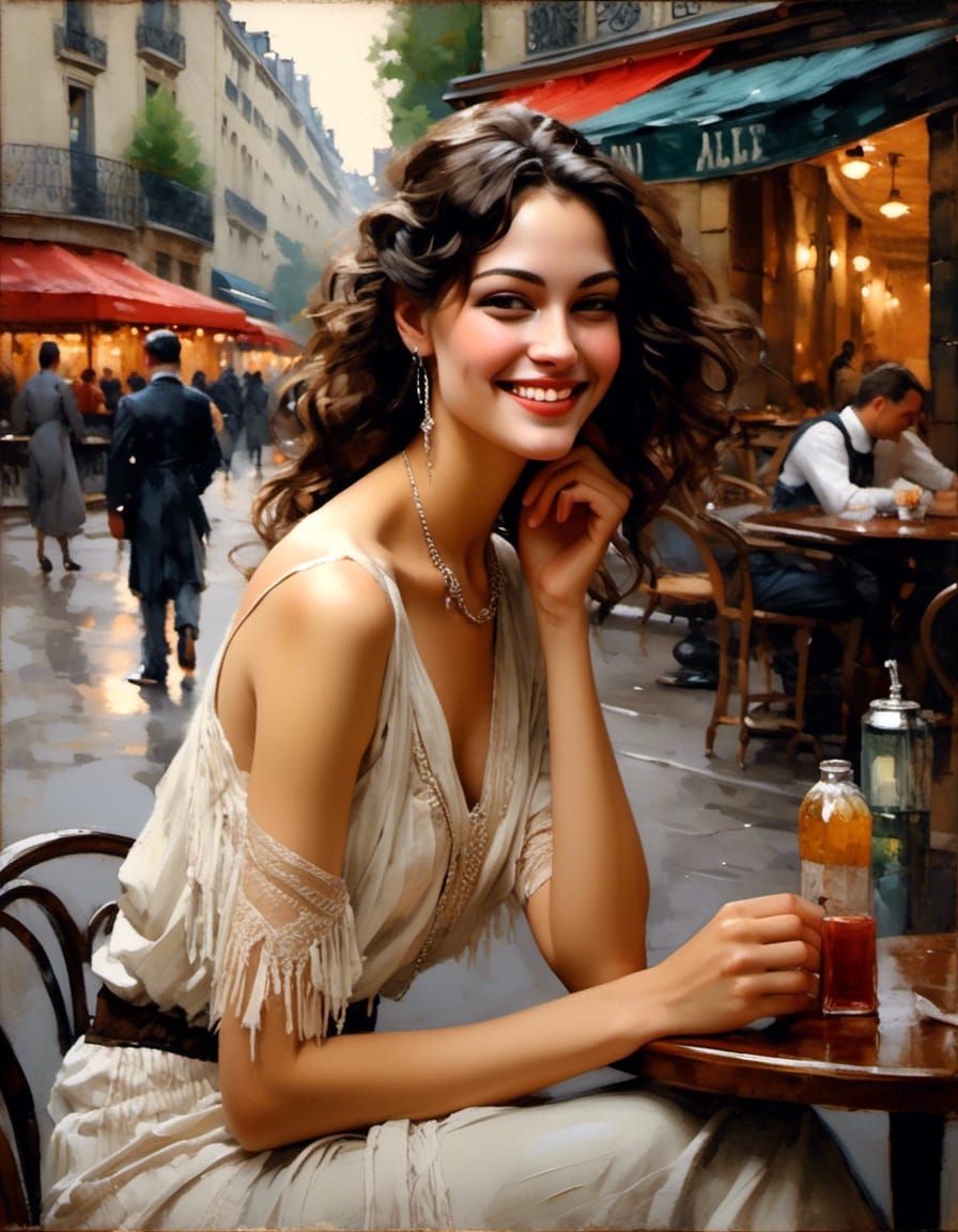 Brunette at Paris Cafe, Oil Painting by Gurney