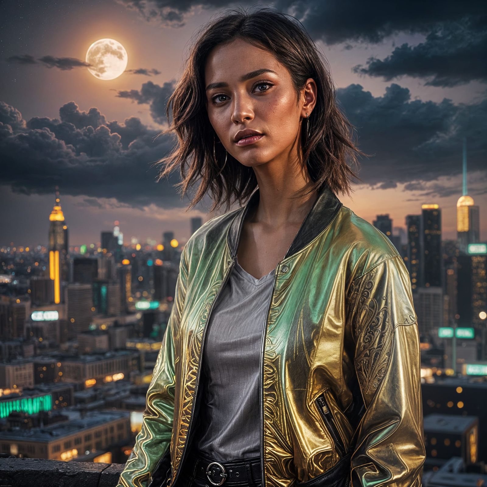 Amber and Jade Leather Jacket in Neon City
