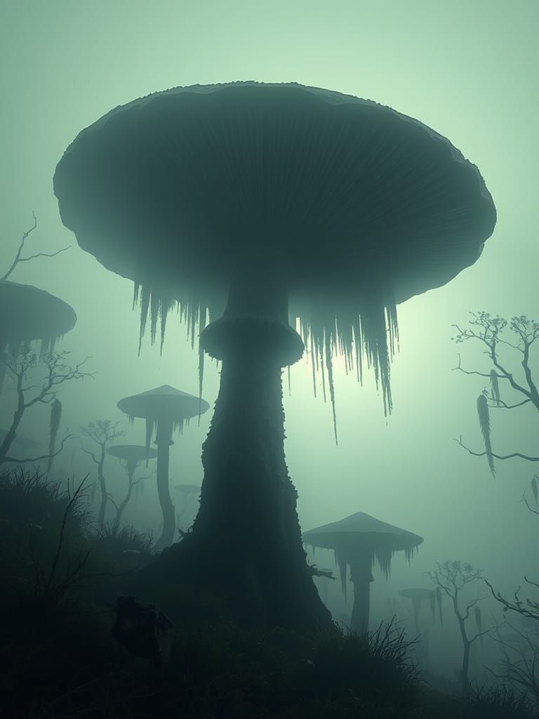 Giant Fungal Silhouettes in a Gloomy, Foggy Landscape