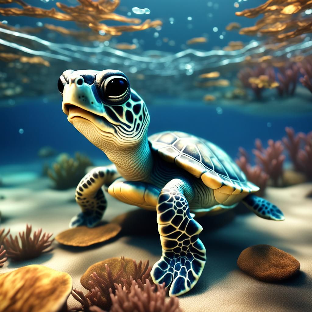 Cute Baby Turtle Underwater: 3D Render