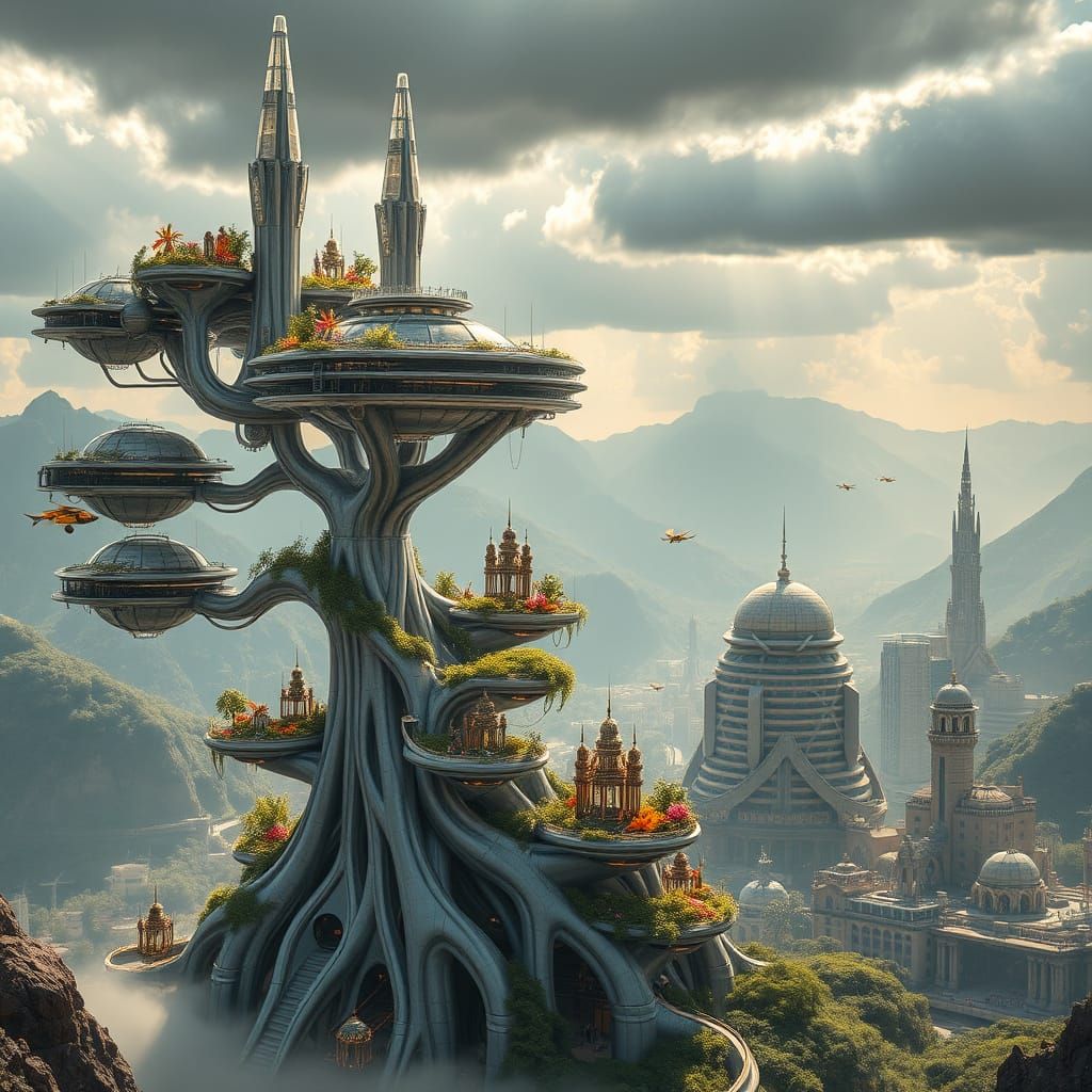 Surreal, Retro-Futuristic Metropolis in Crystal Tree Form