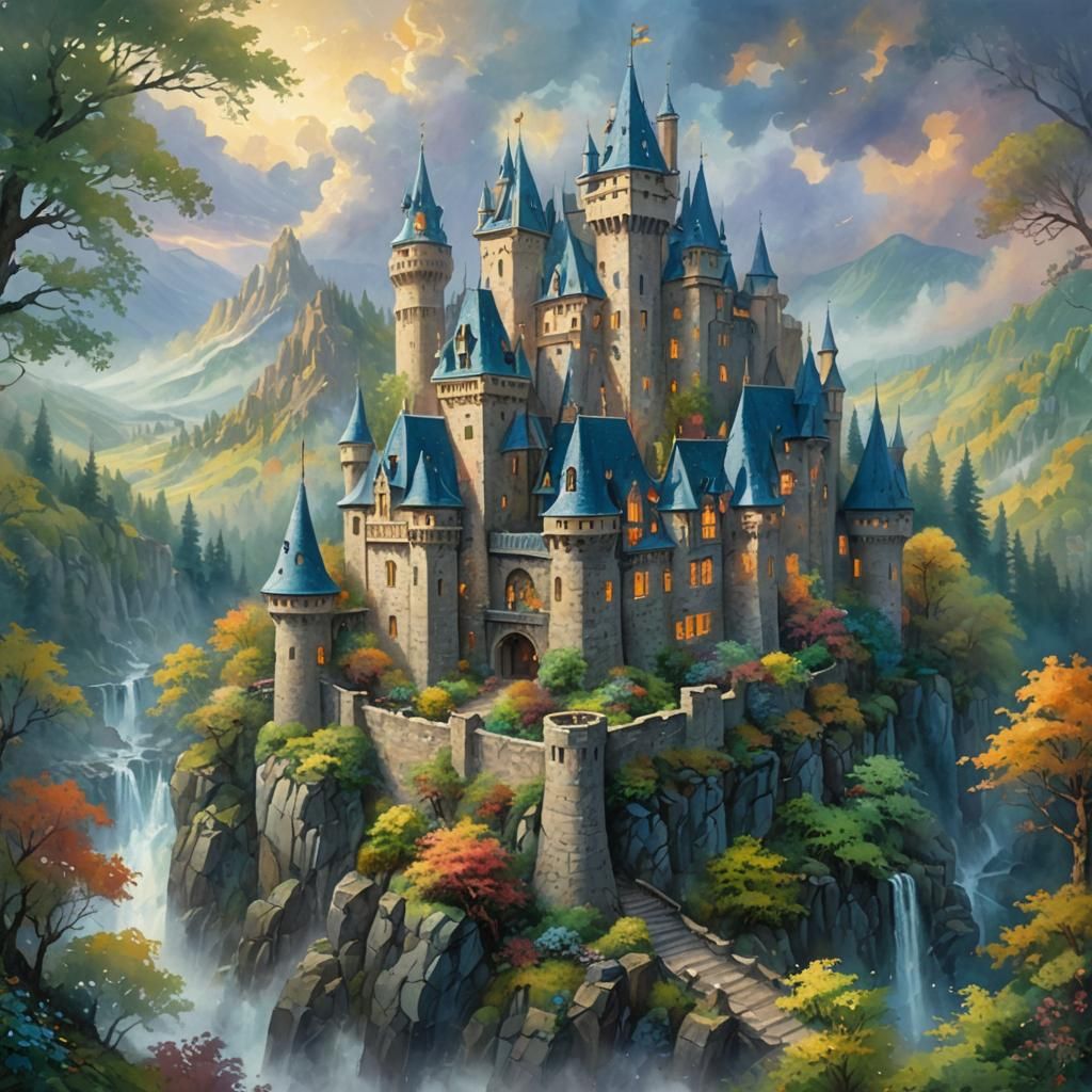 Castle Roogna in Gouache and Watercolor Style