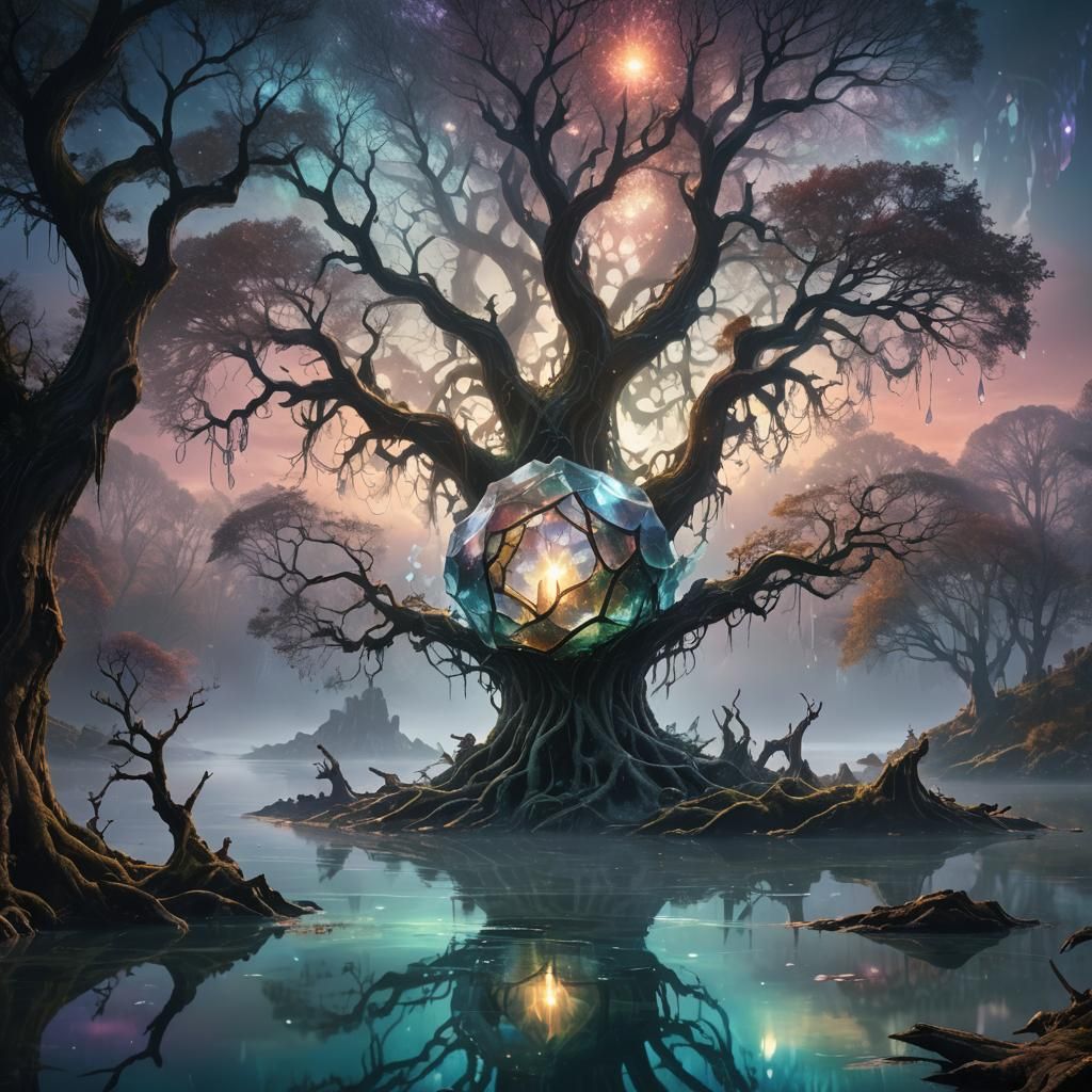 Glowing Crystal Structure in Misty Fantasy Lake