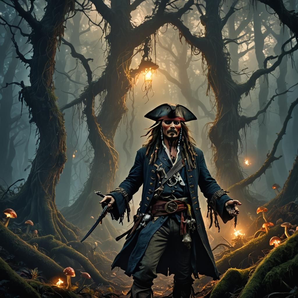 Eerie Dark Fantasy Pirate in Misty Forest