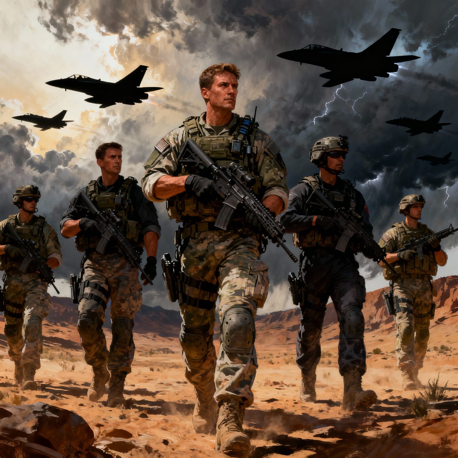 Hyperrealistic Military Force in Dramatic Landscape