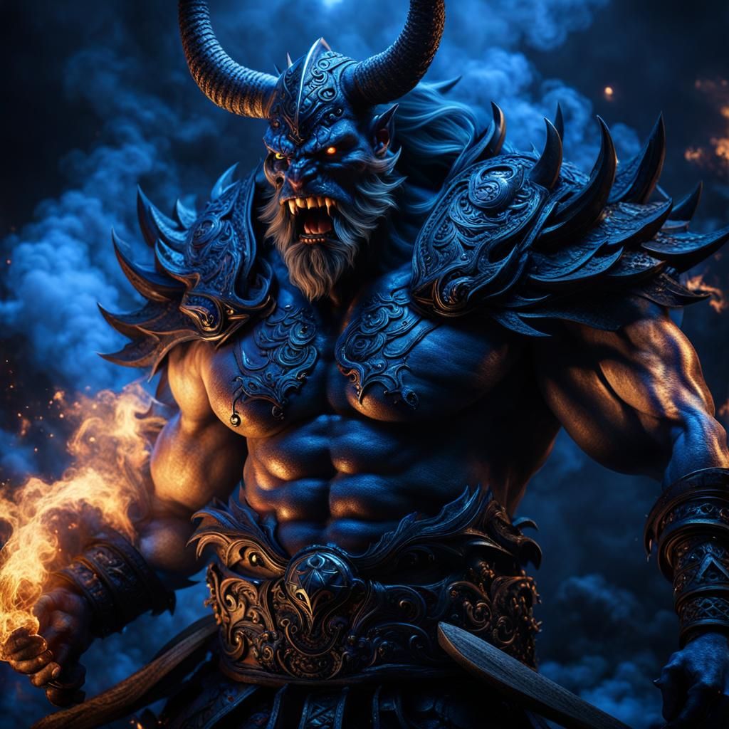 Viking and Dragon in Electric Blue Fantasy Art